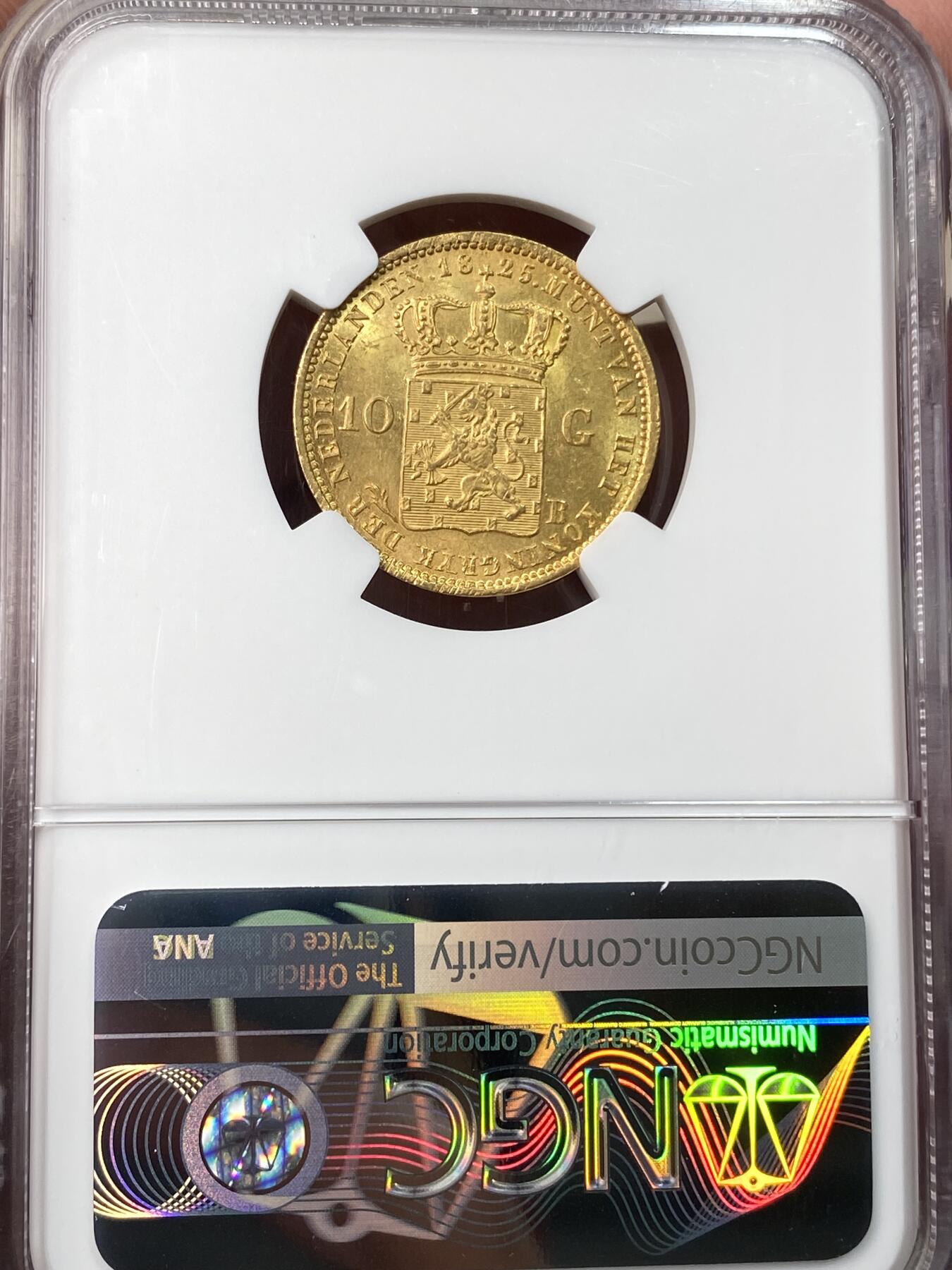万国钱币拍卖第059期 NGC MS64+ 1825B荷兰威廉一世10盾金币 布鲁塞尔造币厂铸 威廉一世大头像 高品罕见的早期荷兰金币 丝绸金光BU品质 WINGS金标认证 6.73g 900金 25年9月HA一枚63分成交价1680美金