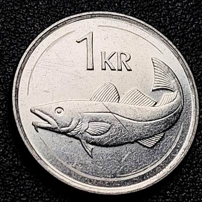泉币菌-第173场- 精品福利场 - 鱼 1992年冰岛1克朗 镀镍钢硬币  21.5毫米 4克 巨人