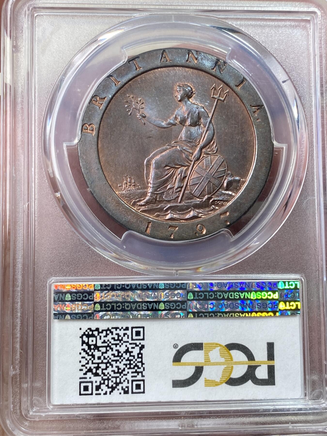 万国钱币拍卖第059期 PCGS MS64+ 1797年英国乔治三世大车轮1便士铜币 SOHO厂作品 大规格原味红铜转光 难得一见的典藏级状态