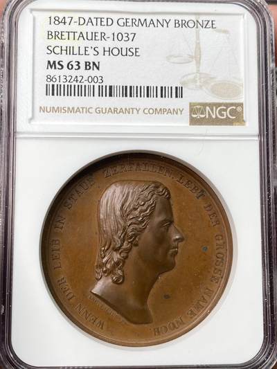 万国钱币拍卖第059期 - NGC MS63 1847年德国诗圣席勒位于魏玛的故居纪念大铜章 高浮雕立体感极强
