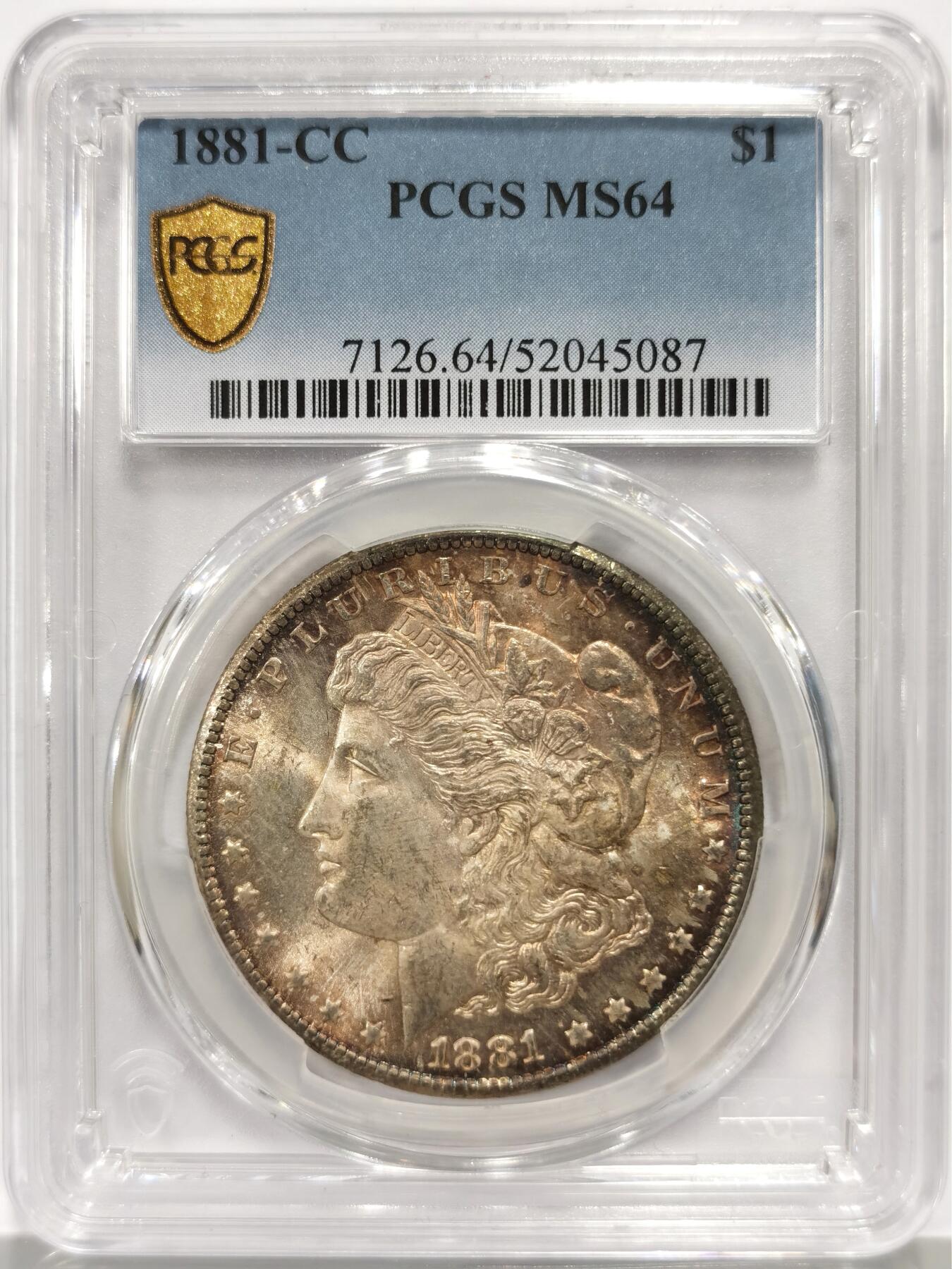 博洋堂世界钱币拍卖第158期（全场包邮） PCGS MS64 美国1881 CC 摩根 卡森厂 麦稀奇首见 高分稀有品种 双面五彩包浆 一枚即毕业 收藏级