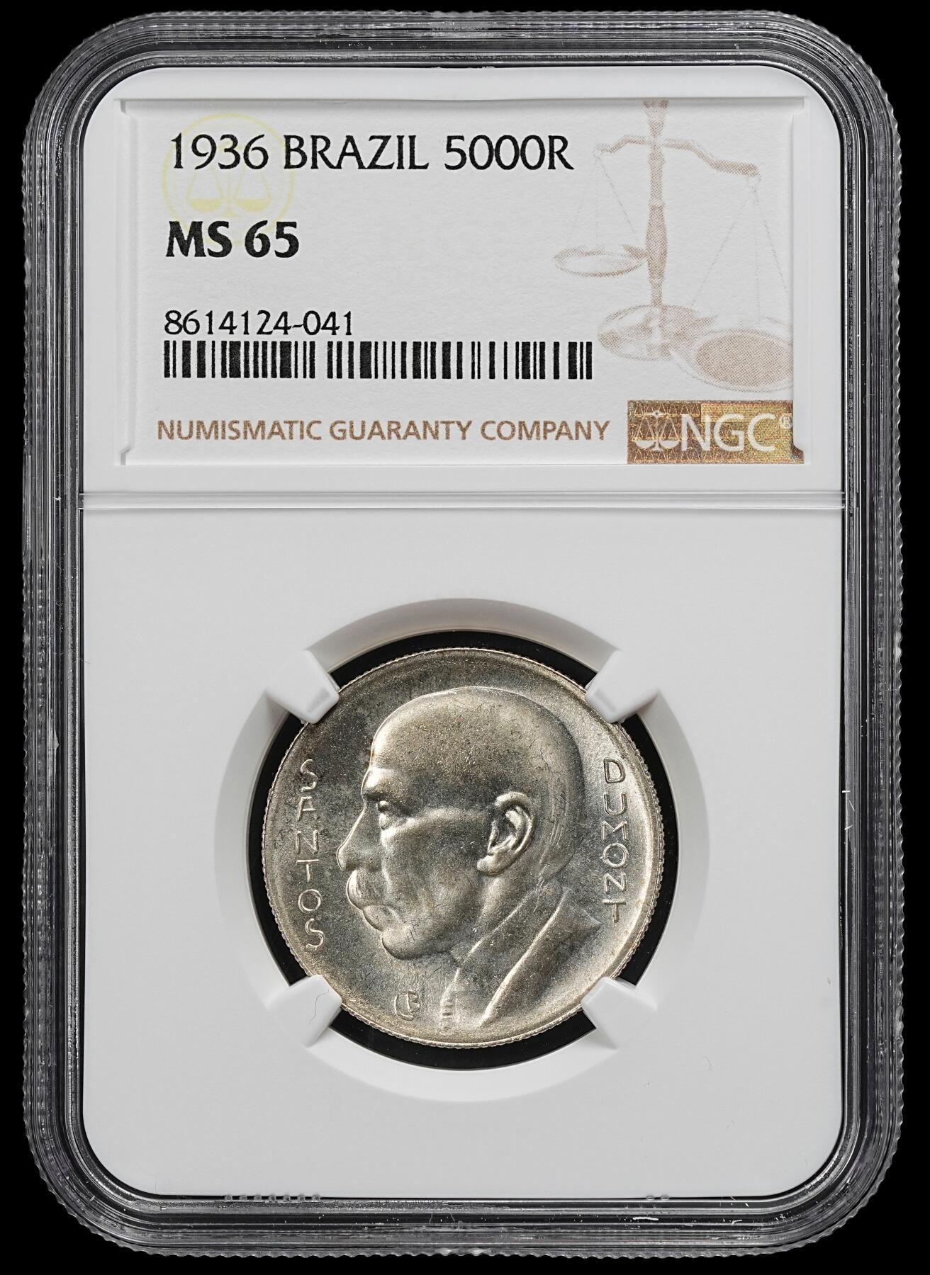 修遠堂世界钱币第102期 NGC MS65 1936年巴西5000 REIS银币，10g，含银60%
