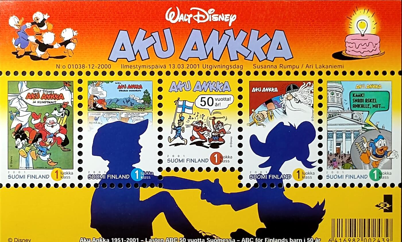 ↓君缘收藏720期☞钱币邮品↓无佣金、可寄存、满30元包邮  芬兰邮票，2001年迪士尼卡通唐老鸭芬兰发行50周年纪念邮票小全张