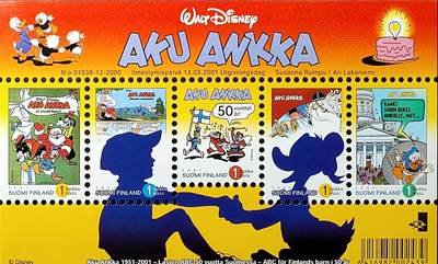 ↓君缘收藏720期☞钱币邮品↓无佣金、可寄存、满30元包邮  - 芬兰邮票，2001年迪士尼卡通唐老鸭芬兰发行50周年纪念邮票小全张