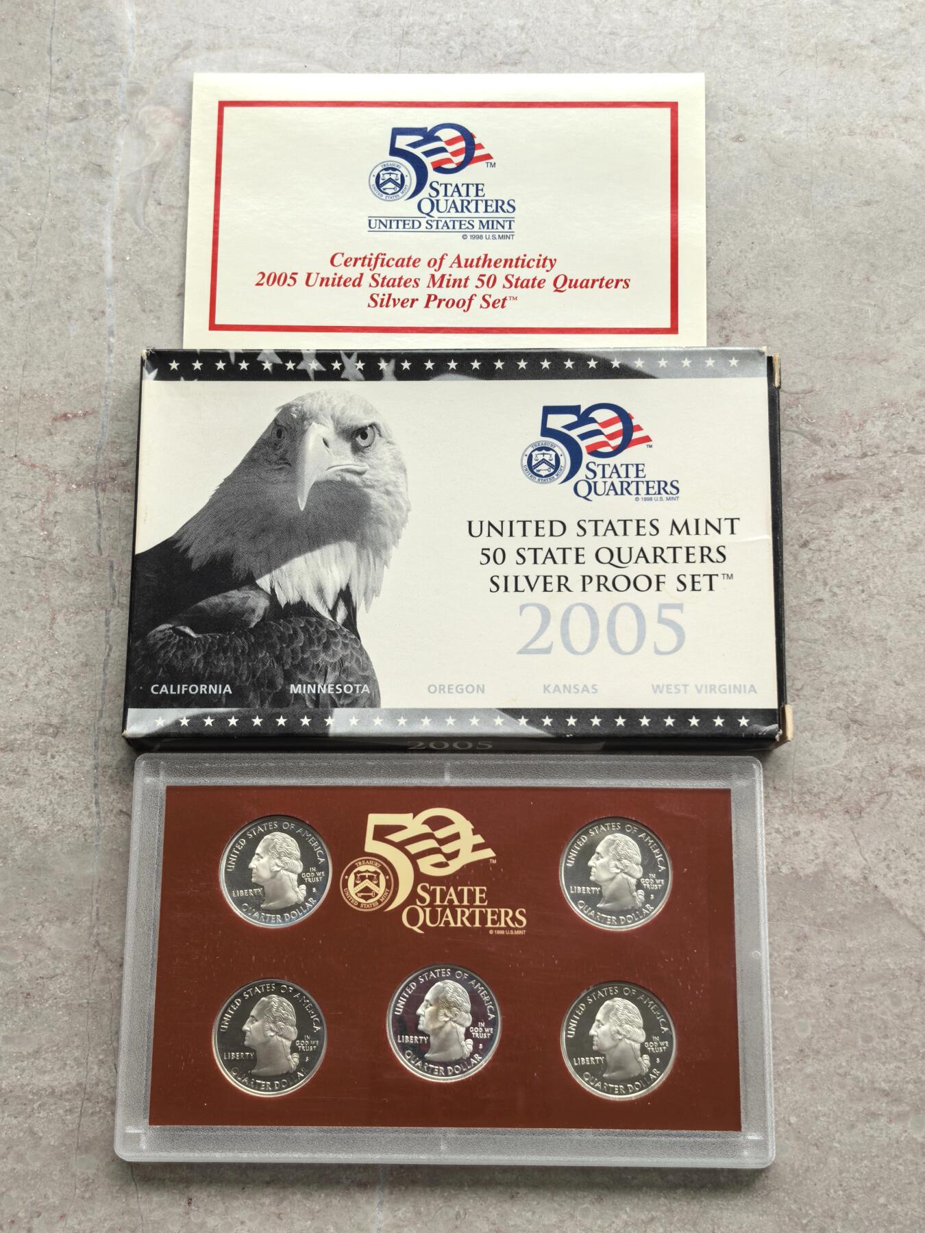 博洋堂世界钱币拍卖第158期（全场包邮） 2005年美国25美分精制银币套 美国50州系列-加州/明尼苏达/俄勒冈/堪萨斯/西佛吉尼亚 盒证全