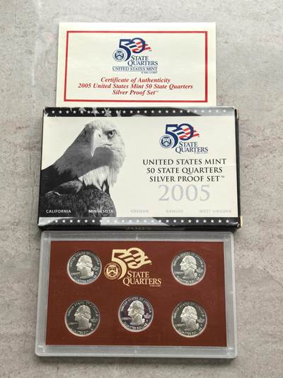 博洋堂世界钱币拍卖第158期（全场包邮） - 2005年美国25美分精制银币套 美国50州系列-加州/明尼苏达/俄勒冈/堪萨斯/西佛吉尼亚 盒证全
