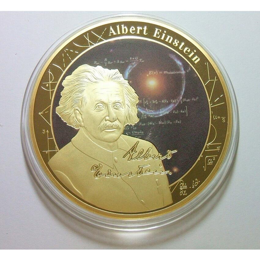 【旋风钱币】1月24日19:00准时开拍 精美欧洲币章、银币银章、第三帝国钱币等 全场包邮！ 【艺术】德国艺术大章 科学泰斗爱因斯坦 高浮雕精制彩色超大镀金章 带证书 70MM 137克