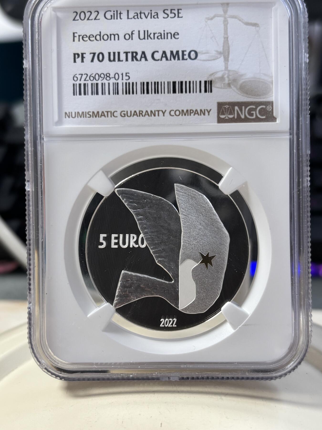 第189期拍卖 拉脱维亚2022年为了自由精制纪念银币NGC-PF70无盒无证书，999银，22克，发行8000枚