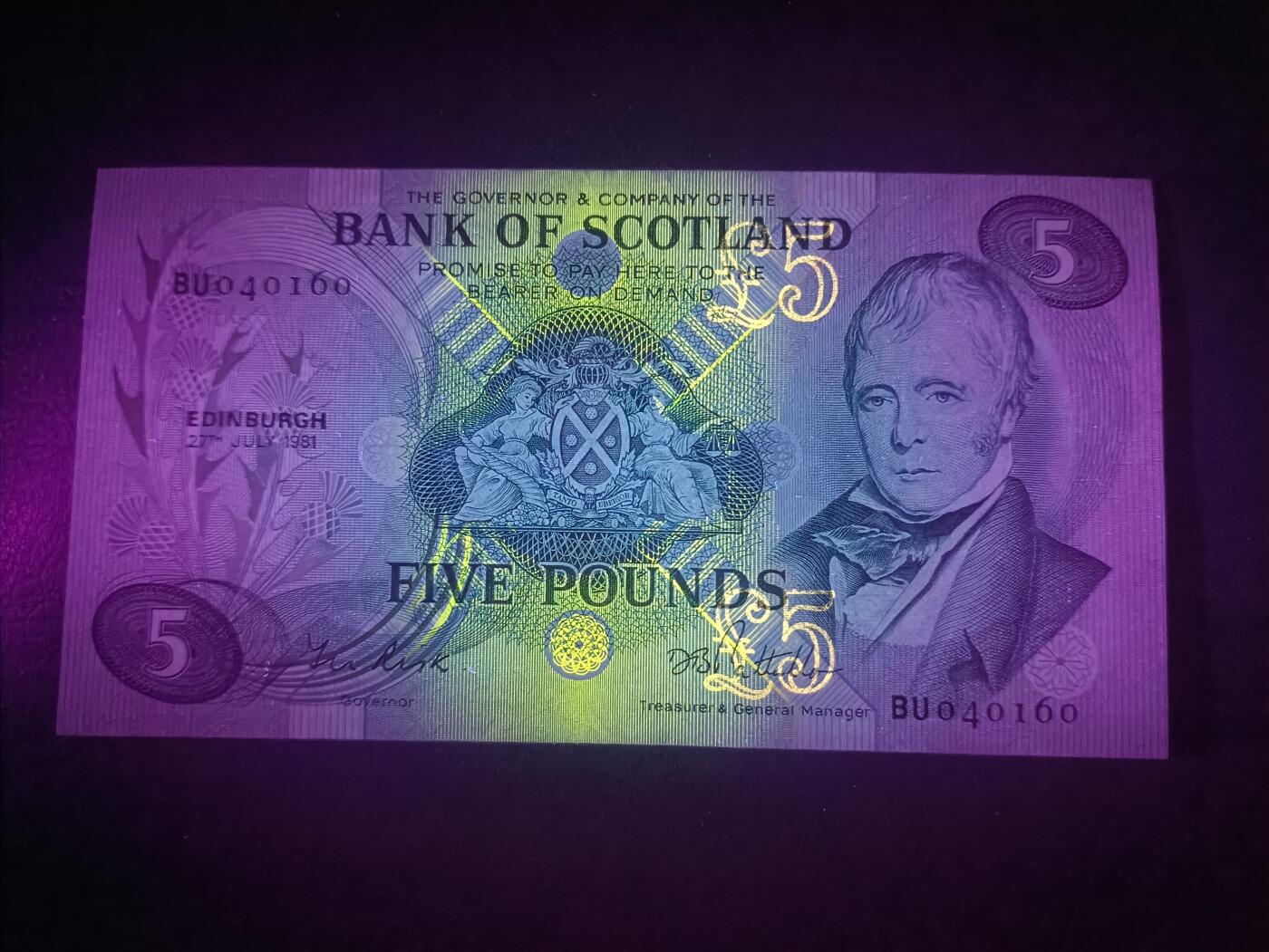 2026一月第四期，总214期 苏格兰银行1981年5镑UNC-，诗人沃尔特斯科特和帆船和杜卡特金币，早期品种