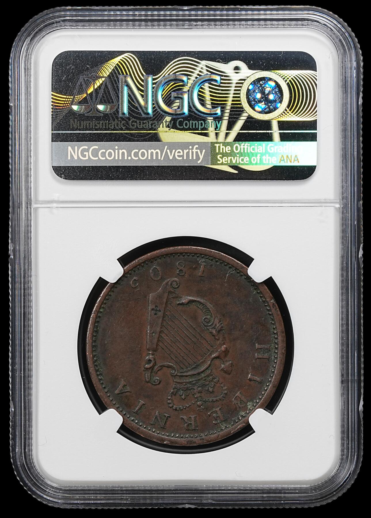 修遠堂世界钱币第102期 NGC XFD 1805年爱尔兰1便士大铜币，经典竖琴图案