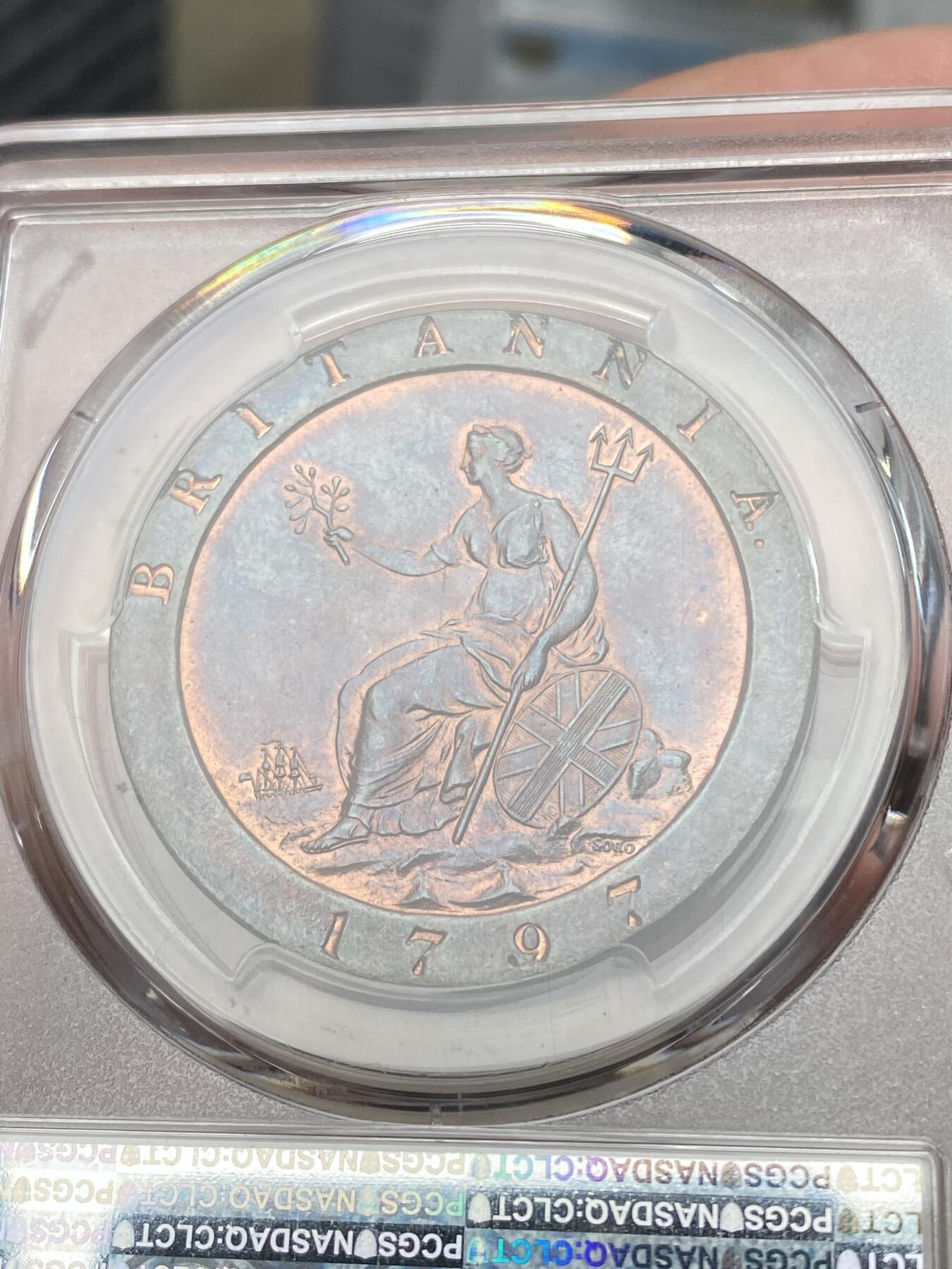 万国钱币拍卖第059期 PCGS MS64+ 1797年英国乔治三世大车轮1便士铜币 SOHO厂作品 大规格原味红铜转光 难得一见的典藏级状态