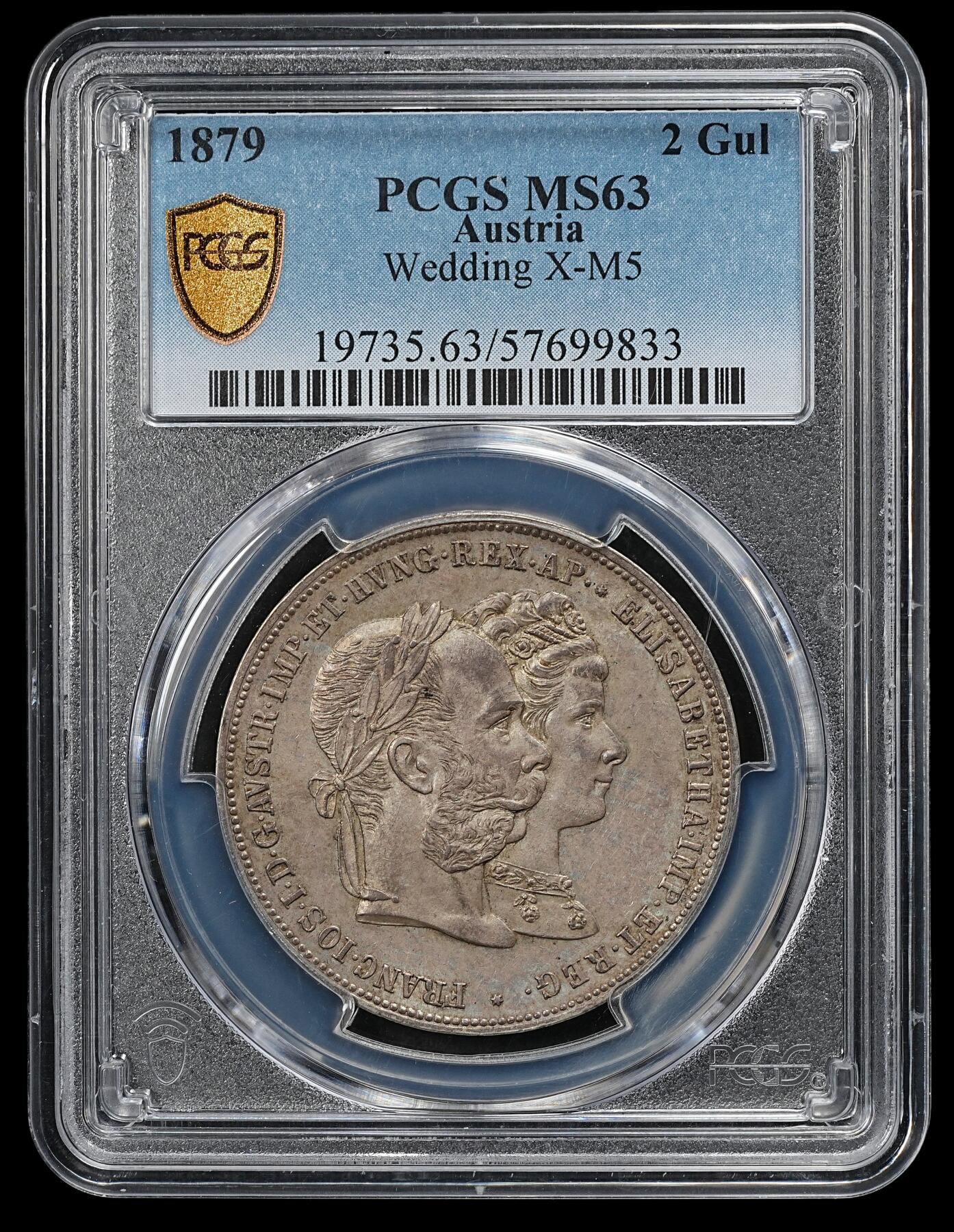 修遠堂世界钱币第102期 PCGS  MS63 1879年奥匈帝国皇帝弗朗茨一世与茜茜公主银婚纪念2古尔登大银币
