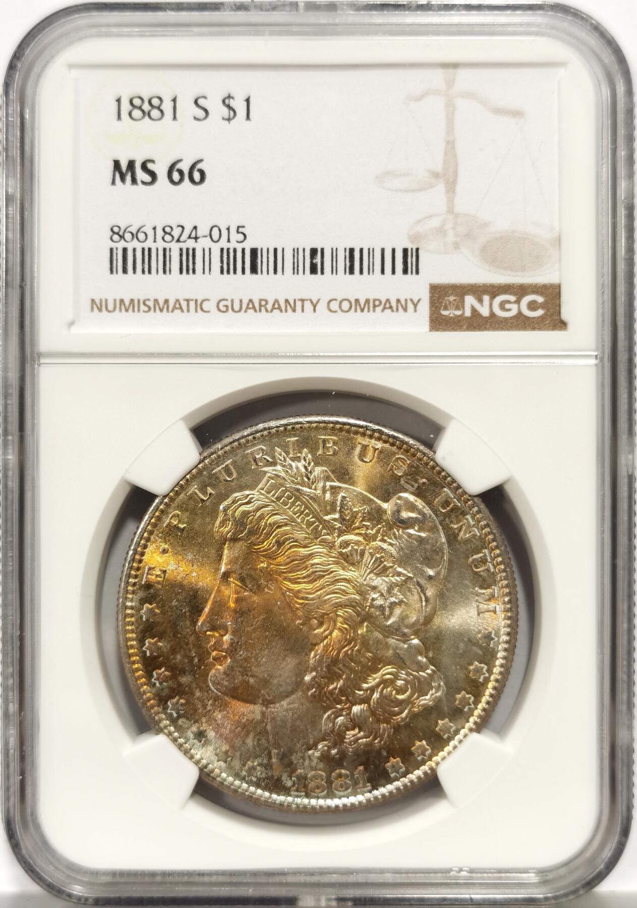 博洋堂世界钱币拍卖第158期（全场包邮） NGC MS66 美国1881 S 摩根 双面五彩包浆