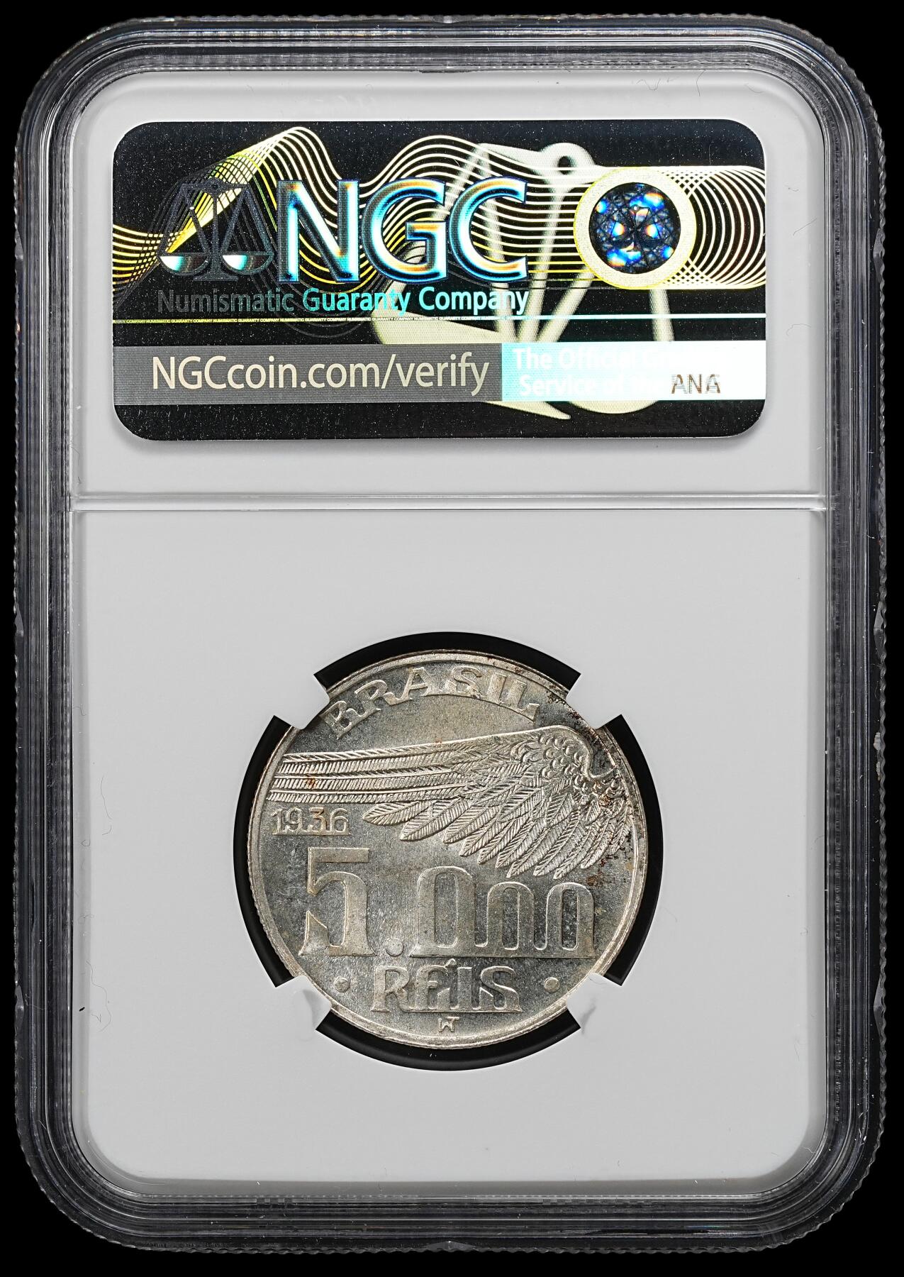 修遠堂世界钱币第102期 NGC MS65 1936年巴西5000 REIS银币，10g，含银60%