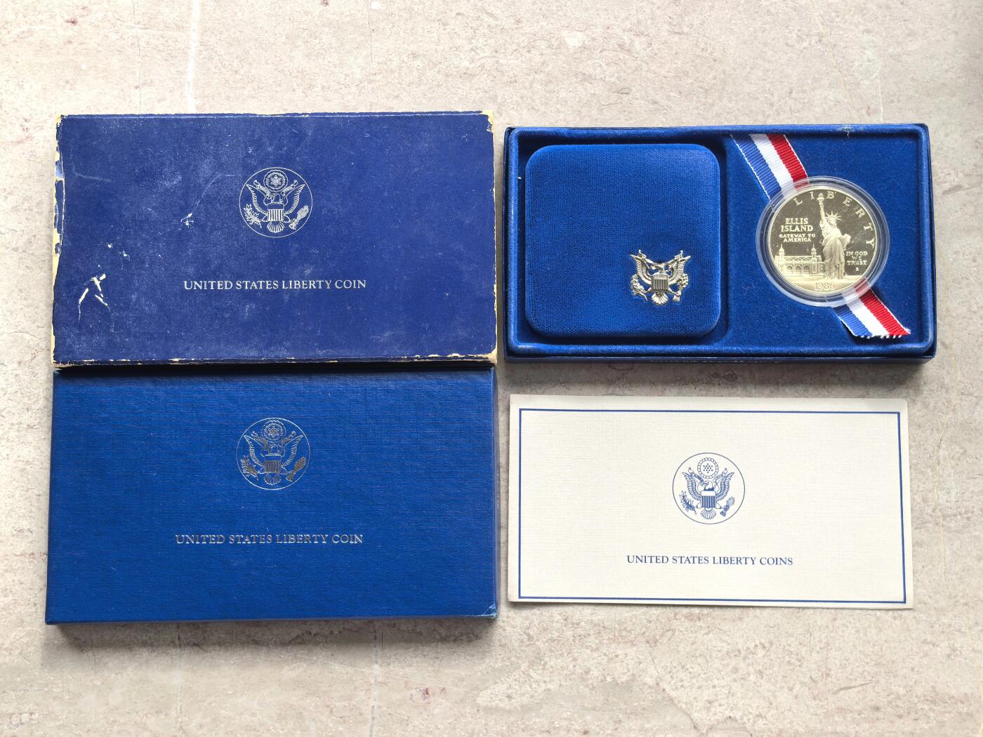 博洋堂世界钱币拍卖第158期（全场包邮） 1986年美国5美元和1美元精制金银套（缺金币） 自由女神（缺5美元金币，1美元精制银币） 有盒证，不全