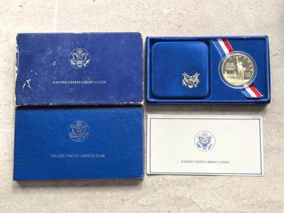 博洋堂世界钱币拍卖第158期（全场包邮） - 1986年美国5美元和1美元精制金银套（缺金币） 自由女神（缺5美元金币，1美元精制银币） 有盒证，不全