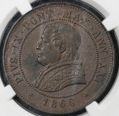 修遠堂世界钱币第102期 - CCG AU58 1866年教皇国4 SOLDI大铜币，盒子略有磨损