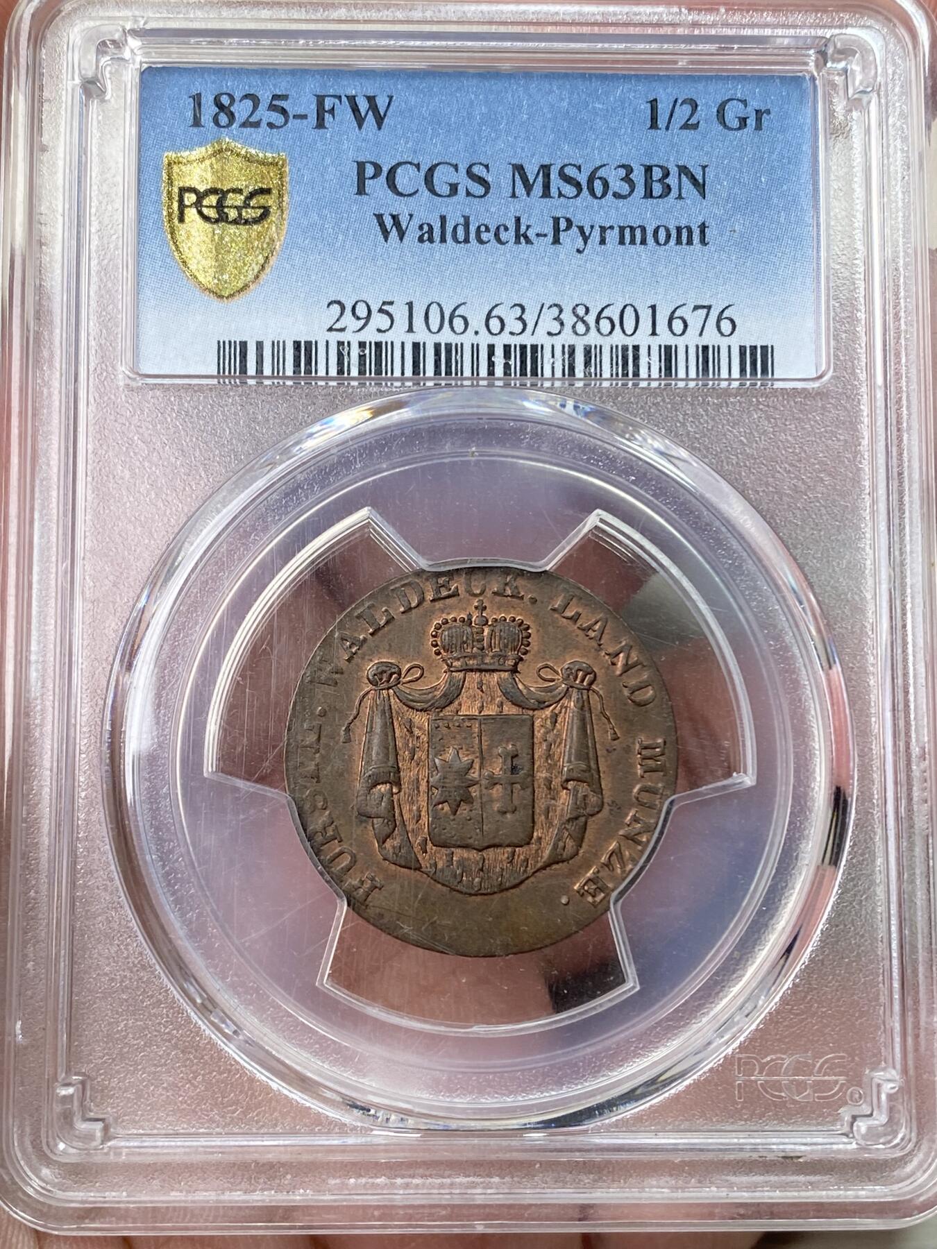 万国钱币拍卖第059期 PCGS MS63 1825年德国瓦尔德克-皮埃蒙特1/2G铜币 原红铜光极美收藏级 PC唯二冠军分