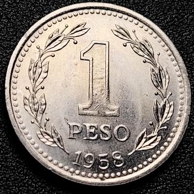 泉币菌-第174场- 精品福利场 - 少见早年份 原光极美 1958年 阿根廷1比索 25.6mm 自由女神 美洲硬币