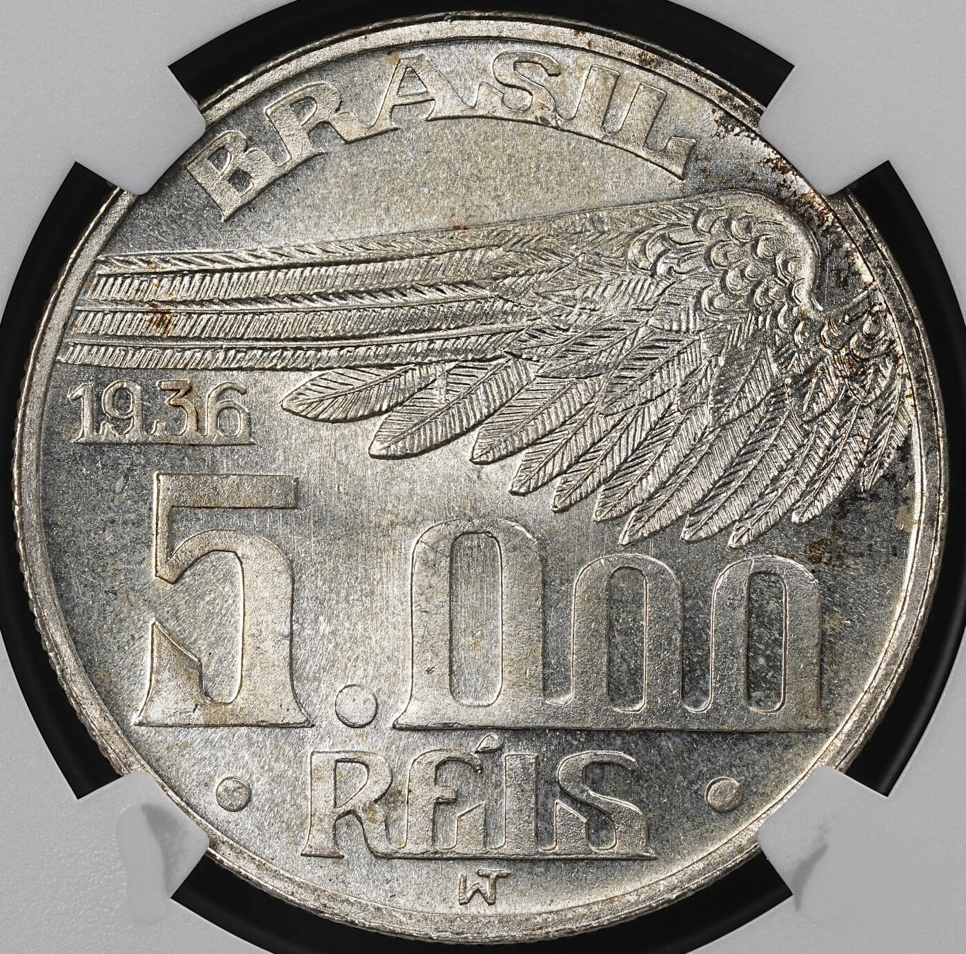 修遠堂世界钱币第102期 NGC MS65 1936年巴西5000 REIS银币，10g，含银60%