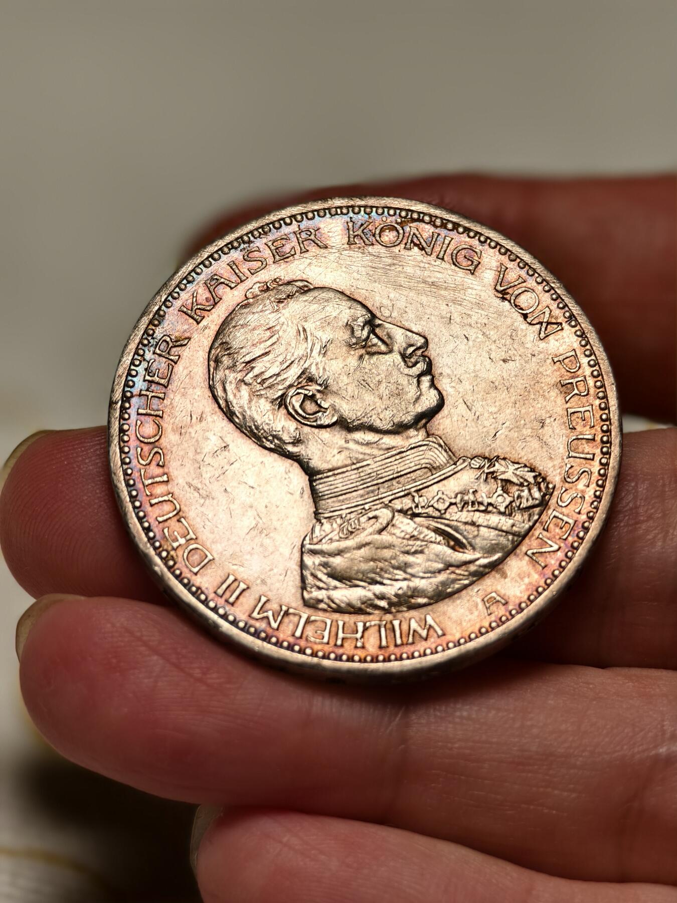 抚柳草堂-第十期章牌钱币  奖章勋章限时免佣 满百包邮 放漏专场 1913德国普鲁士威廉二世5马克银币 五彩人像背面原光 非常惊艳的一枚 重27.8g