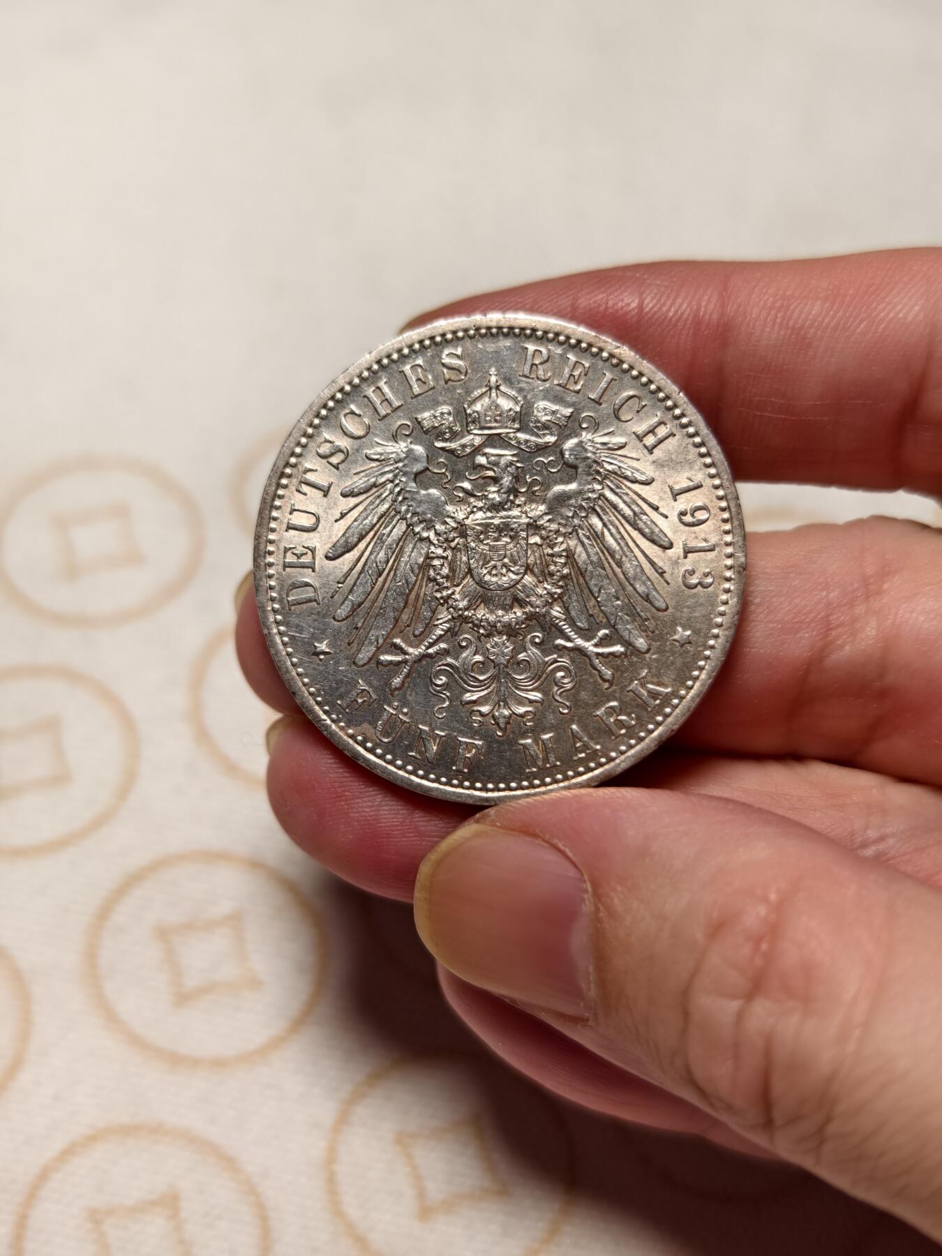 抚柳草堂-第十期章牌钱币  奖章勋章限时免佣 满百包邮 放漏专场 1913德国普鲁士威廉二世5马克银币 五彩人像背面原光 非常惊艳的一枚 重27.8g