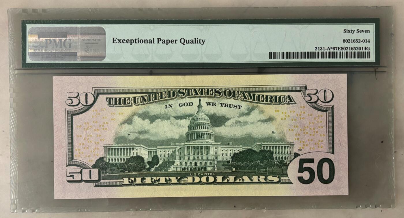【礼羽收藏】🌏世界钱币拍卖第121期 2009年 彩色版50美元 星补号 老壳严格评级 PMG67EPQ