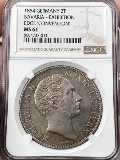 万国钱币拍卖第059期 - NGC MS61 1854年德国巴伐利亚马克西米利安二世双狮纹章2泰勒 难得流通好品 淡彩包浆与深俊的打制是流通2t中不可多得的状态 NGC错标水晶宫