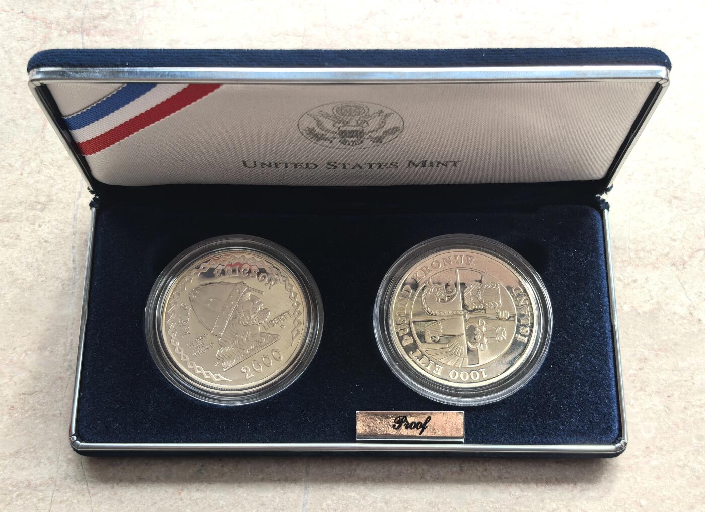 博洋堂世界钱币拍卖第158期（全场包邮） 2000年美国1美元和1000冰岛克朗精制银币套 2000年利耶夫·埃里克森发现美洲千年纪念 26.73克900银X2 盒证全