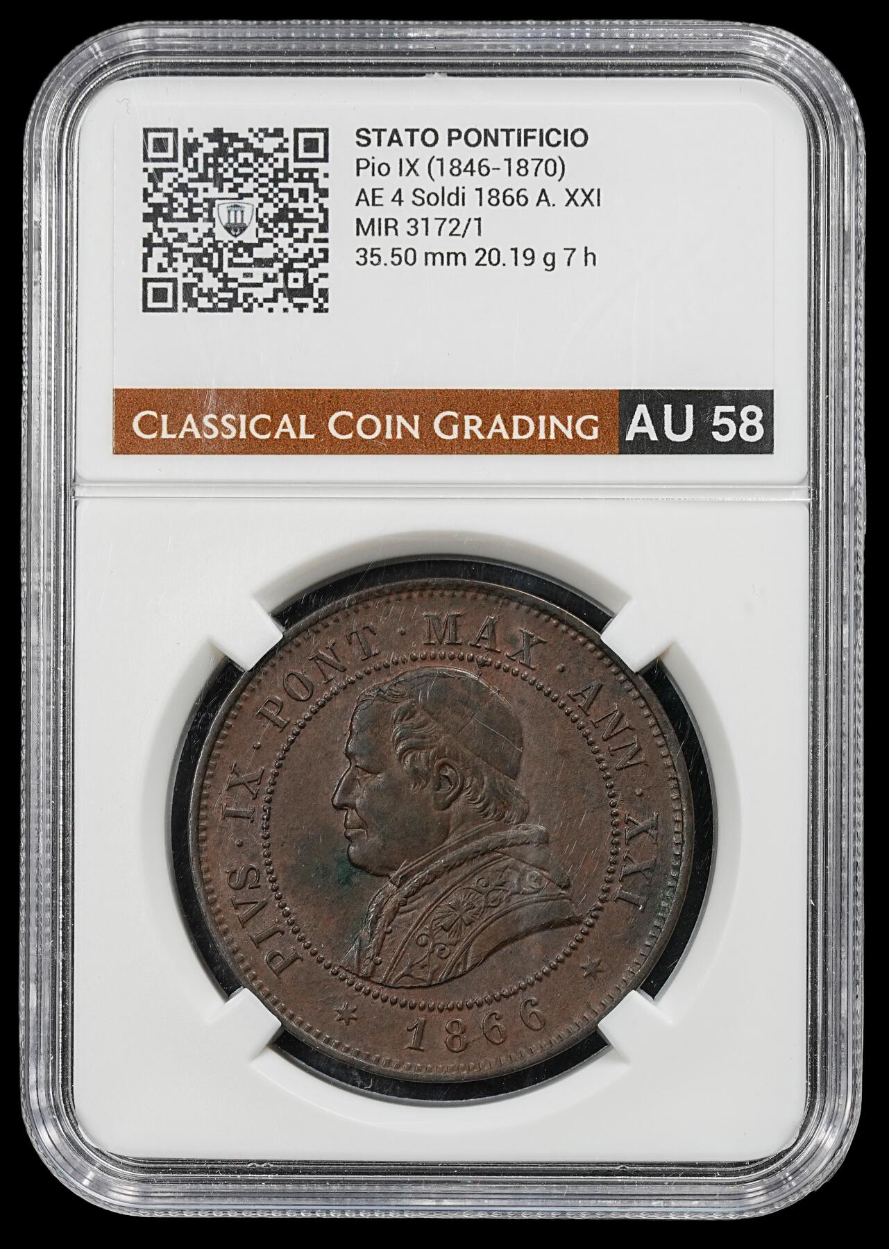 修遠堂世界钱币第102期 CCG AU58 1866年教皇国4 SOLDI大铜币，盒子略有磨损
