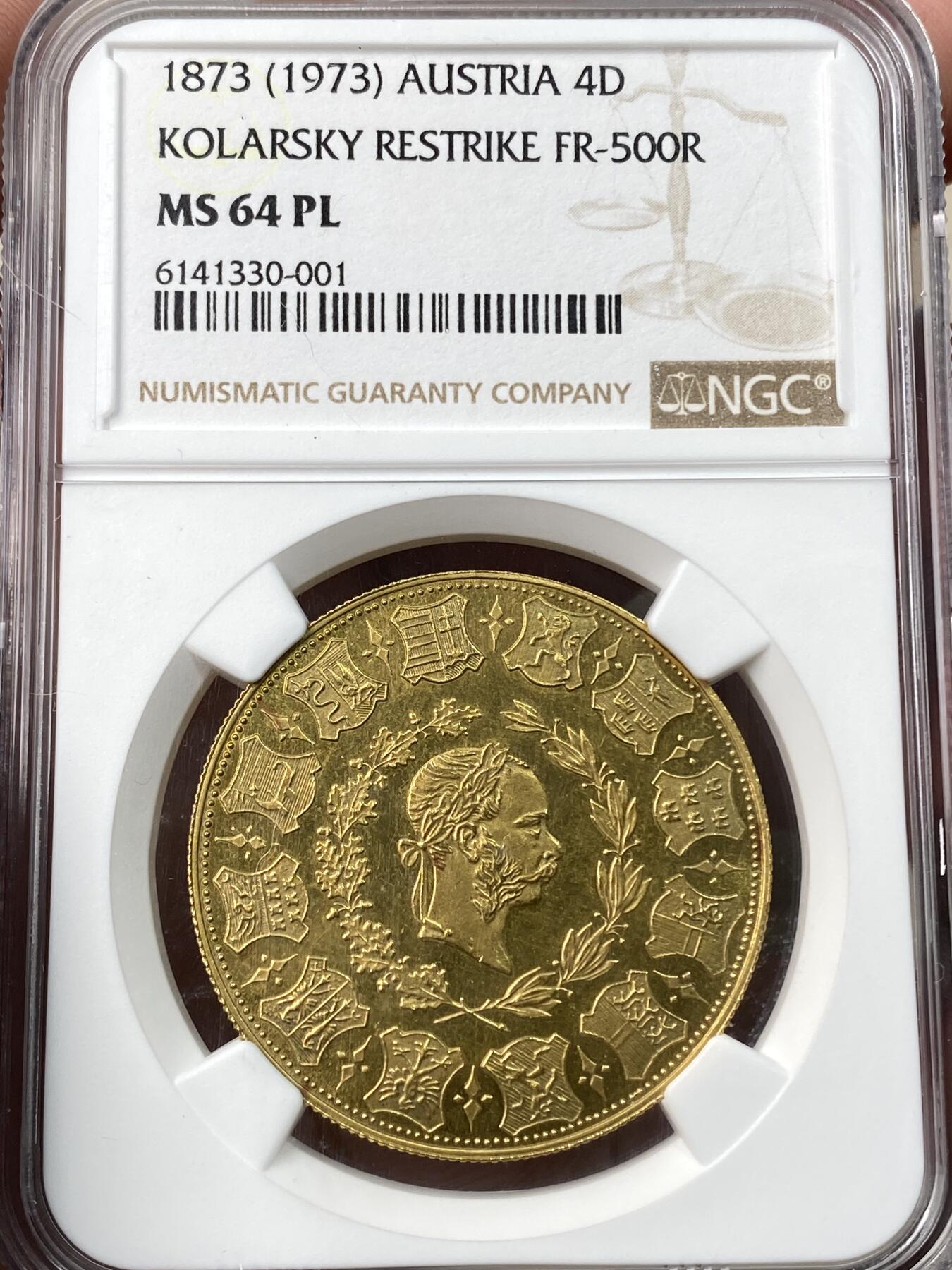 万国钱币拍卖第059期 NGC MS64PL 1873（1973年后铸）奥地利弗朗茨-约瑟夫一世维也纳射击节4杜卡特大金币 奥地利大名誉品种 其原铸价格已是高不可攀的存在 即便后铸也是难得一见 类镜面喷砂质感在黄金载体上更显华丽 22年VL Nummus拍卖原物 当时的成交价格就已经约合人民币9万元 不容错过的顶级奥地利章牌藏品