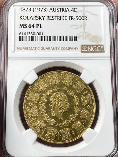 万国钱币拍卖第059期 - NGC MS64PL 1873（1973年后铸）奥地利弗朗茨-约瑟夫一世维也纳射击节4杜卡特大金币 奥地利大名誉品种 其原铸价格已是高不可攀的存在 即便后铸也是难得一见 类镜面喷砂质感在黄金载体上更显华丽 22年VL Nummus拍卖原物 当时的成交价格就已经约合人民币9万元 不容错过的顶级奥地利章牌藏品