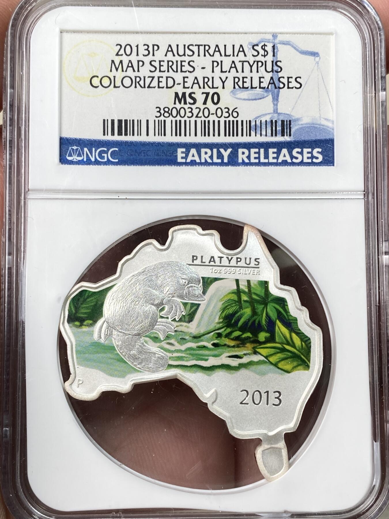 万国钱币拍卖第059期 NGC MS70 2013年澳大利亚伊丽莎白二世澳洲版图鸭嘴兽1盎司纯银1澳元银币 异形币非常漂亮满分品质