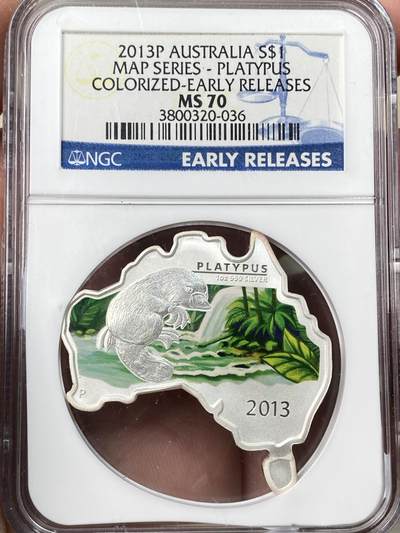 万国钱币拍卖第059期 - NGC MS70 2013年澳大利亚伊丽莎白二世澳洲版图鸭嘴兽1盎司纯银1澳元银币 异形币非常漂亮满分品质