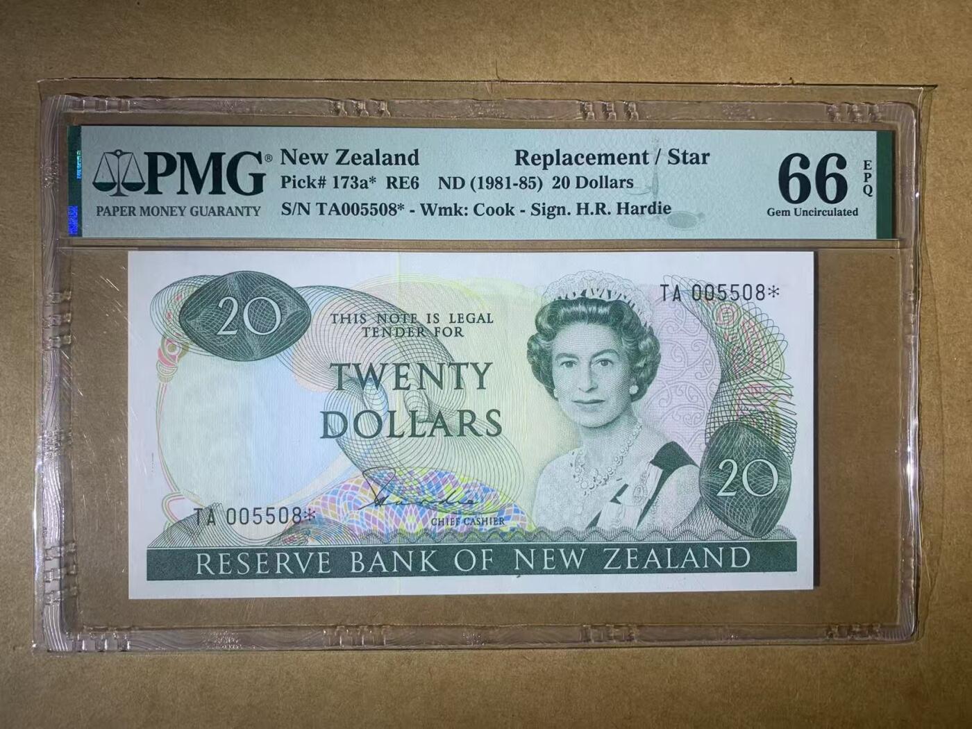 【礼羽收藏】🌏世界钱币拍卖第122期 【TA005508】1981-85年新西兰女王20元纸币 鸟版 PMG66 BWC版 补号 无47 尾5508 数三千位号 亚军分 只有5张更高分 评级量只有18张