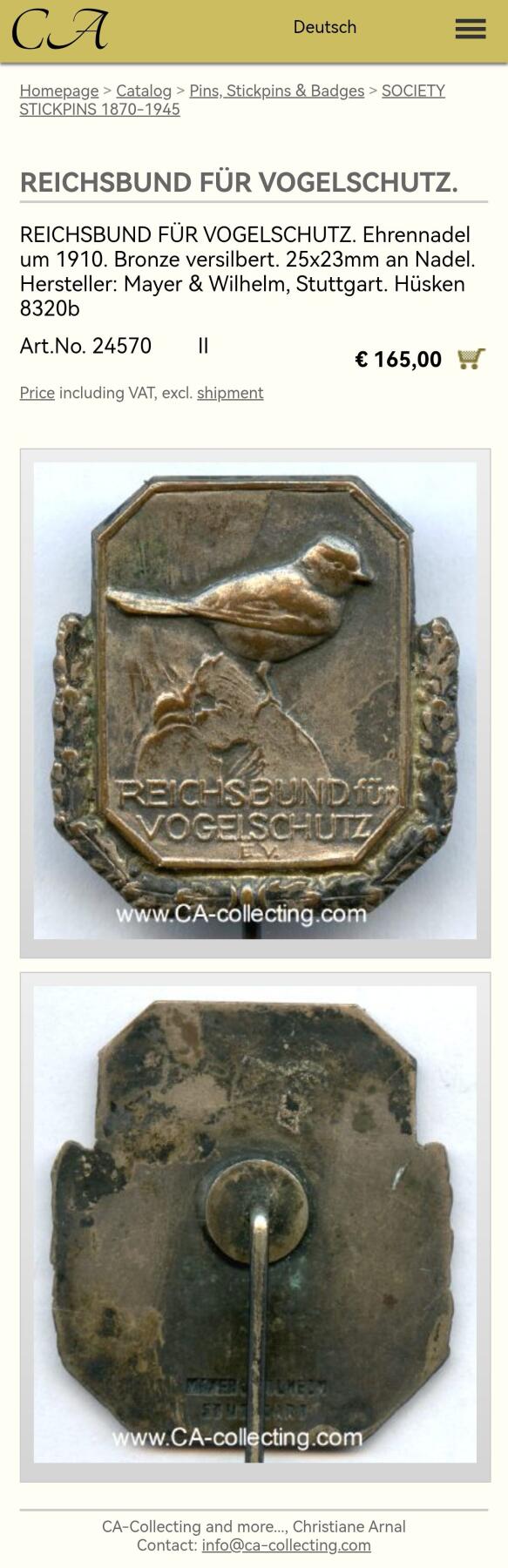 盛世勋华——号角文化勋章邮票专场拍卖第301期 德国（邦国）1910年代帝国鸟类保护协会金级证章 银质带900银标 带厂标 类似铜质别针售价165欧参见图三