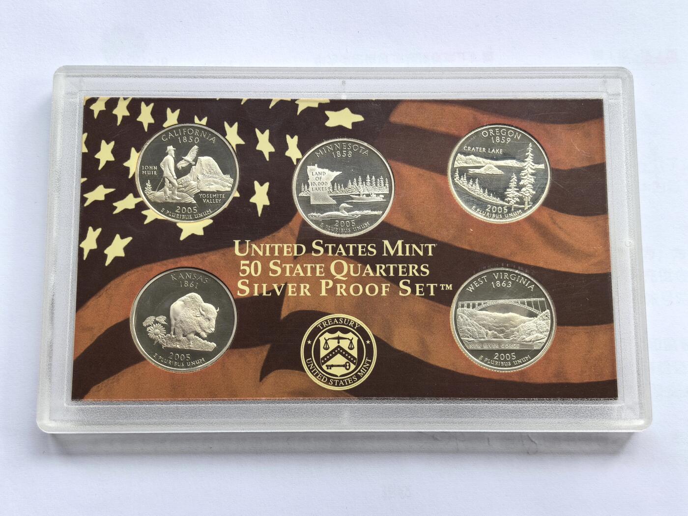 博洋堂世界钱币拍卖第158期（全场包邮） 2005年美国25美分精制银币套 美国50州系列-加州/明尼苏达/俄勒冈/堪萨斯/西佛吉尼亚 盒证全