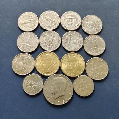 【全场包邮】纯粹捡漏拍496场-持续更新中 - 美国各年份散币纪念币15枚一组-含1元总统币华盛顿2枚+州币2枚+西进运动2枚