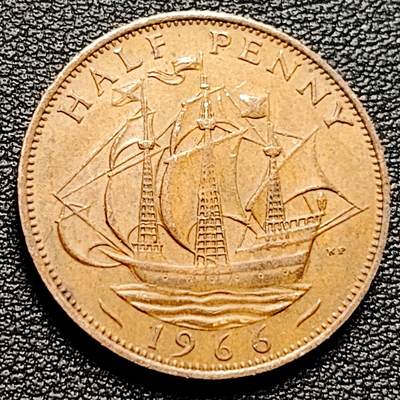 泉币菌-第173场- 精品福利场 - 包浆美品 1966年英国1/2便士铜币 伊丽莎白女王 海盗帆船 25.2mm