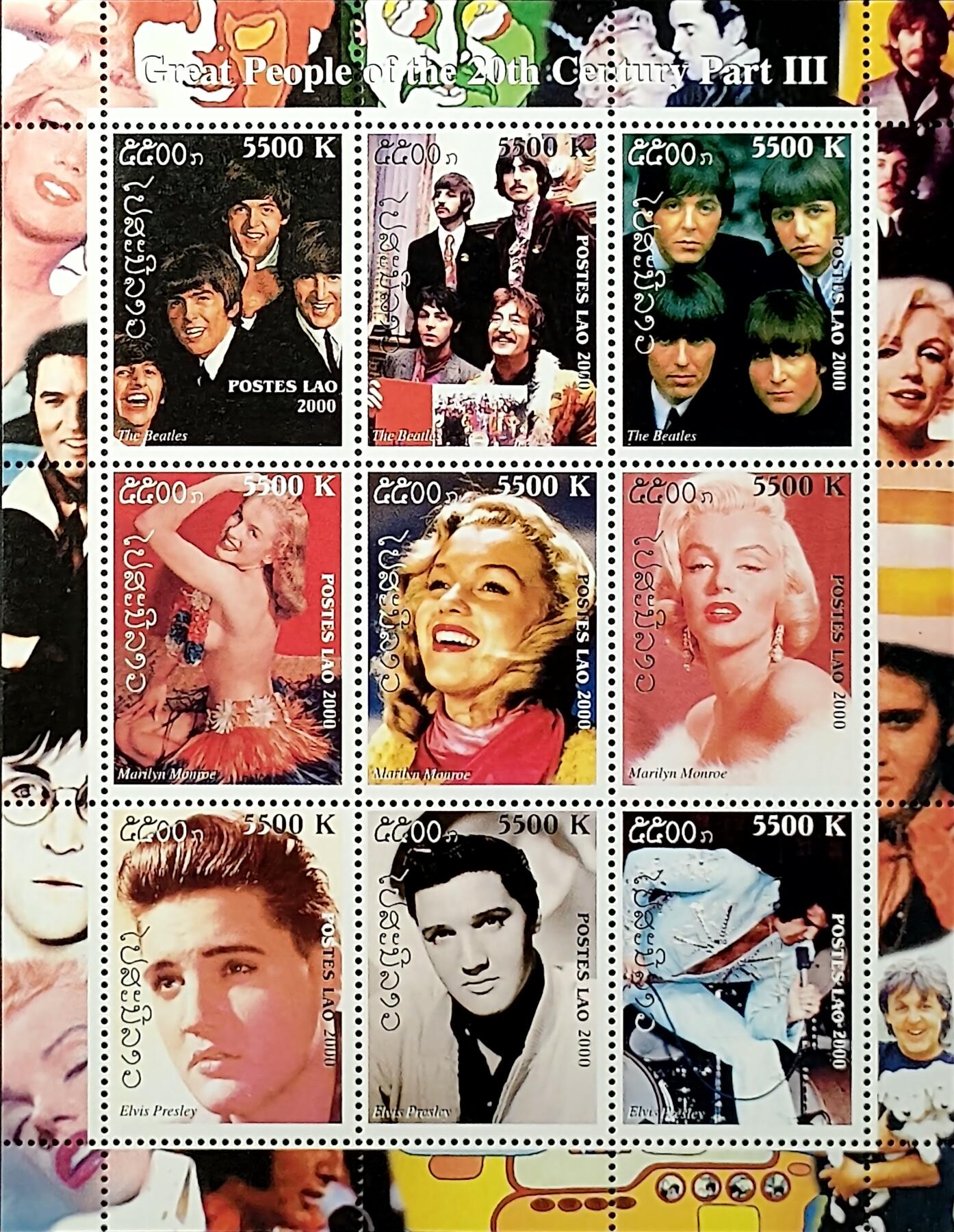 ↓君缘收藏720期☞钱币邮品↓无佣金、可寄存、满30元包邮  老挝邮票，2000年20世纪伟大人物(披头士乐队,梦露,猫王)邮票小全张
