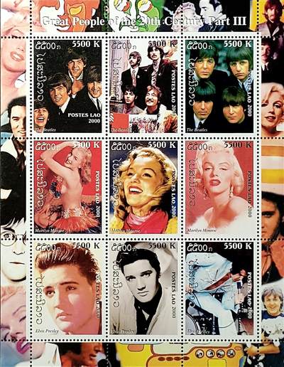 ↓君缘收藏720期☞钱币邮品↓无佣金、可寄存、满30元包邮  - 老挝邮票，2000年20世纪伟大人物(披头士乐队,梦露,猫王)邮票小全张