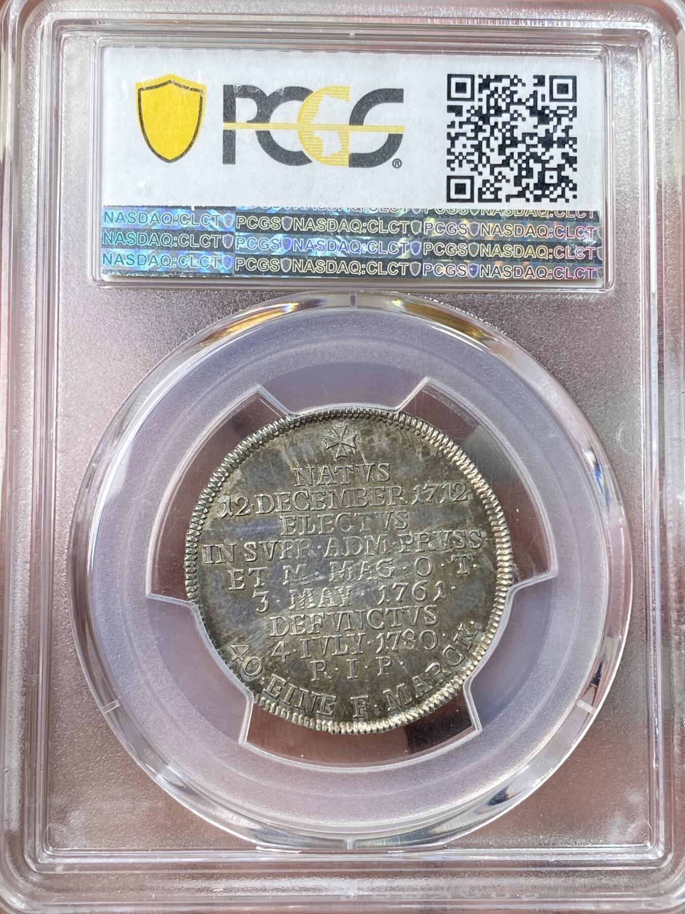 万国钱币拍卖第059期 PCGS MS63 1780年德国条顿骑士团纪念大团长卡尔·亚历山大逝世1/4泰勒 仅发行400枚 周身欧陆香槟五彩环绕 采用独特的奖章式设计精美 值得入藏 PC唯一冠军分