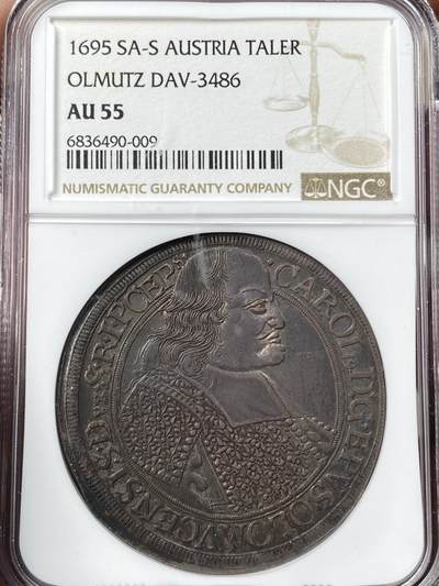 万国钱币拍卖第059期 - NGC AU55 1695年神圣罗马帝国奥尔穆茨主教区卡尔二世纹章大泰勒 克雷姆西耶造币厂铸 好品罕见品种 原味欧陆深五彩包浆极美 NGC亚军分 更高分仅一枚 