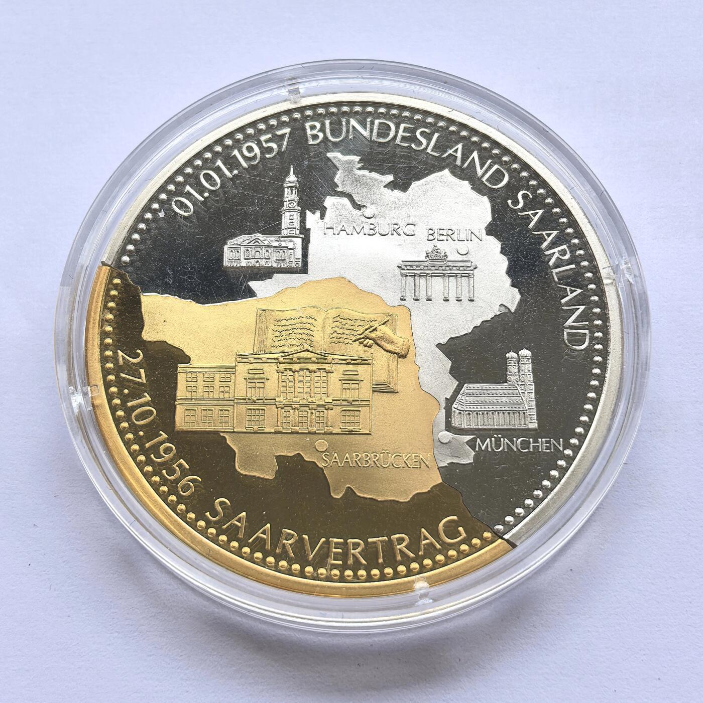 博洋堂世界钱币拍卖第158期（全场包邮） 2007年德国部分镀金精制银纪念章 萨尔兰州并入德国50年 24.7克999银 带证 发行量：2007