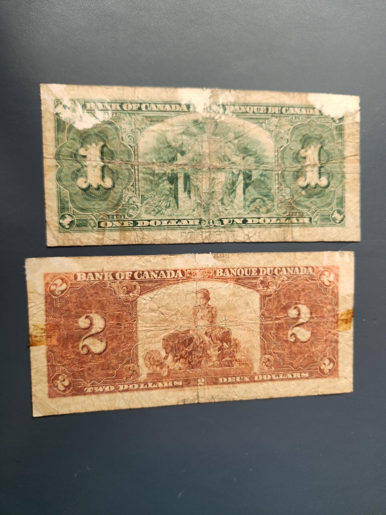 1月22号晚上8点 外国纸币自动截拍第11场 加拿大1-2原票旧品 背面踏皮