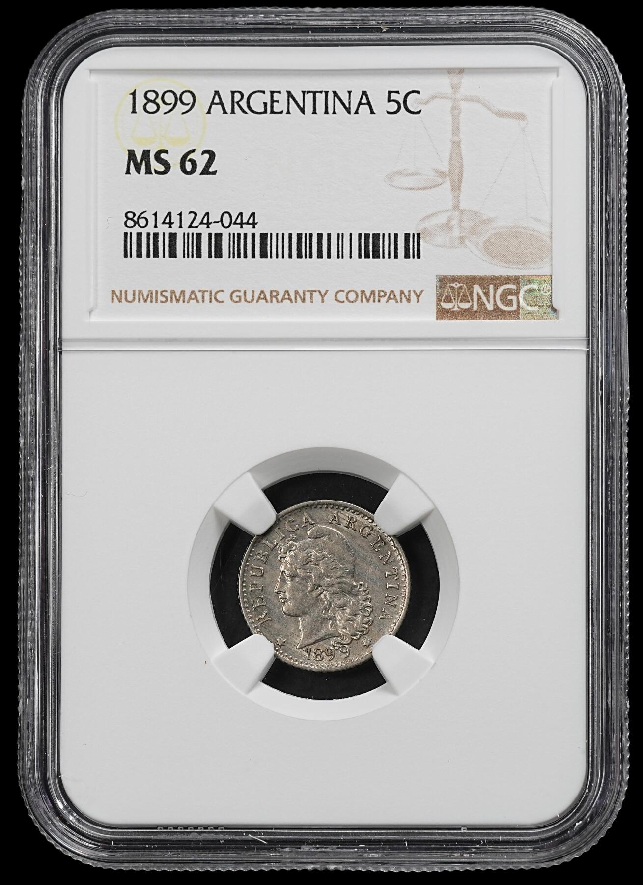 修遠堂世界钱币第102期 NGC MS62 1899年阿根廷5分