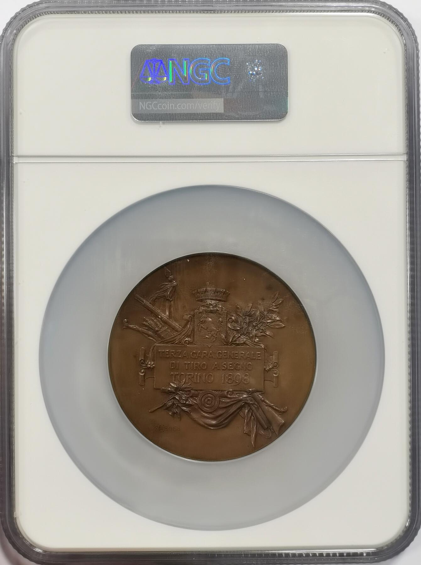 博洋堂世界钱币拍卖第158期（全场包邮） NGC MS64 1898年意大利都灵第三届射击节纪念大铜章，直径61mm，正面为群女交谈，刻画生动栩栩如生，背面为月桂树和印有都林市徽章的旗帜，品相上乘