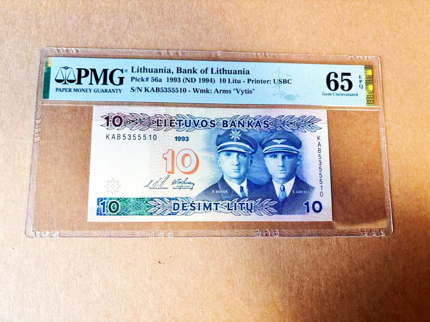 【Blue Auction】世界纸币精拍第778期——18级TOP拍卖/信誉/品质/专业/高效💫 【无47】立陶宛 1993年10立特 PMG65EPQ 