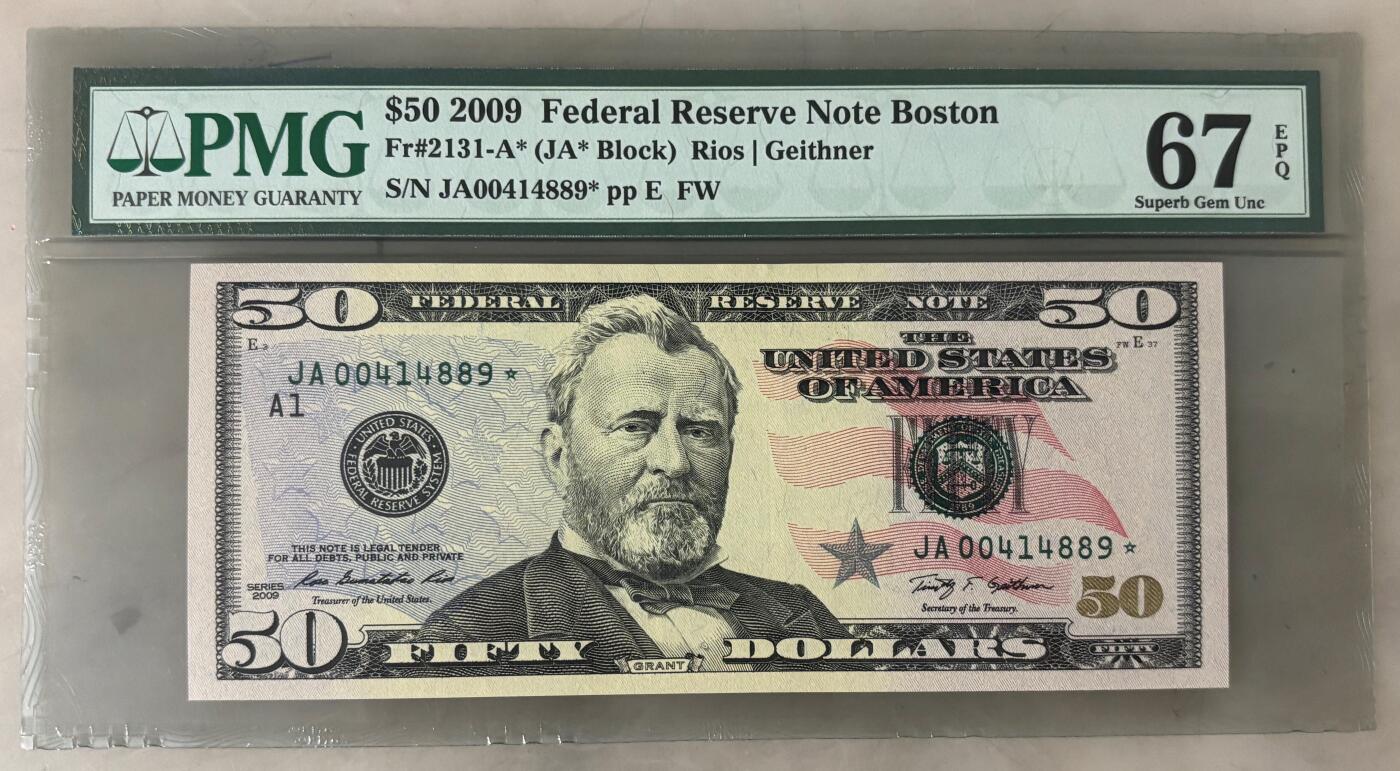 【礼羽收藏】🌏世界钱币拍卖第121期 2009年 彩色版50美元 星补号 老壳严格评级 PMG67EPQ