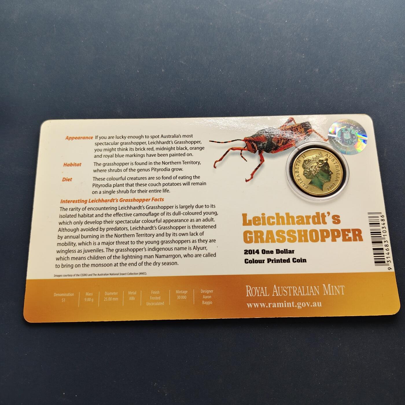 【全场包邮】纯粹捡漏拍497场-持续更新中 澳大利亚2014年1元彩色昆虫系列官方卡装彩色纪念币3枚一组-红牛蚁+杜鹃黄蜂+莱奇哈特蚱蜢